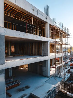 side view of a large unfinished building under construction